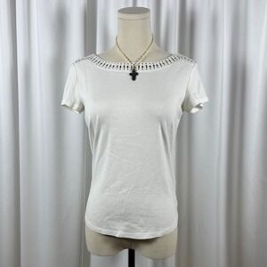 Westport 1962 Womens White Cotton Studded Boat Neck Short Sleeve Top Size S